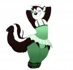 anthro bottomwear bulge clothed clothing crossdressing femboy garter_straps legwear male markings simple_background skirt solo stockings striped_markings striped_tail stripes tail tail_markings white_background hicanyoumooforme looney_tunes warner_brothers pepe_le_pew mammal mephitid skunk striped_skunk