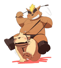 all_fours anthro anthro_on_anthro bdsm bit_gag black_eyebrows blonde_hair blush bondage bound bridle brown_body brown_fur clothed clothing dominant dominant_male duo eyebrows eyes_closed footwear fur gag hair halter harness harness_bit_gag harness_gag kemono male male/male mohawk monotone_body monotone_fur muzzle_(object) navel nipples overweight overweight_dom overweight_male overweight_sub partially_clothed petplay ponyplay reins riding roleplay shoes simple_background submissive submissive_male tan_body tan_fur thick_eyebrows whip white_background kinoshita-jiroh mekko_rarekko buchi yamano_taishou canid canine canis domestic_dog mammal 2014 digital_media_(artwork)