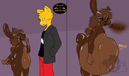 anthro belly big_belly burping candy chocolate chocolate_bunny clothed clothing dessert duo female food male oral_vore size_difference smaller_pred text unwilling_prey vore yellow_body flocas cocao_(flocas) domestic_cat felid feline felis food_creature lagomorph leporid living_candy living_chocolate mammal rabbit 2022 comic english_text hi_res