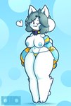 anthro areola big_breasts bikini bodily_fluids breasts clothed clothing collar female fur hair happy heart_symbol looking_at_viewer navel nipples outline simple_background small_bikini smile smiling_at_viewer solo sweat sweatdrop sweater swimwear thick_thighs topwear two-piece_swimsuit white_body white_fur wide_hips uid undertale undertale_(series) temmie_(undertale) canid canine felid feline mammal tem 2023 absurd_res digital_drawing_(artwork) digital_media_(artwork) full-length_portrait hi_res portrait shaded signature