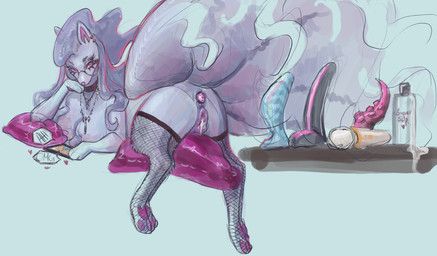 alternative_fashion anal anal_penetration anus breasts butt buttplug buttplug_in_ass buttplug_insertion clothing dildo female feral fishnet_clothing fishnet_legwear fishnet_thigh_highs genitals goth grinding interspecies legwear looking_at_porn lube lube_bottle lube_drip lying masturbation object_in_ass on_front penetration pillow pillow_humping plug_(sex_toy) plug_insertion pokephilia pornography presenting presenting_hindquarters sex_toy sex_toy_in_ass sex_toy_insertion solo thigh_highs vulva epitapphos nintendo pokemon alolan_form alolan_ninetales generation_7_pokemon pokemon_(species) regional_form_(pokemon) shiny_pokemon colored colored_sketch digital_media_(artwork) drawpile_(artwork) sketch