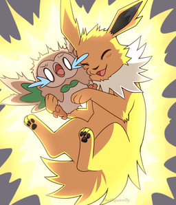ambiguous_gender beak blush blush_lines bodily_fluids brown_body brown_feathers crying duo electricity feathers feral fur nuzzling open_mouth open_smile pawpads paws shocked smile tears white_body white_fur wings yellow_body yellow_ears yellow_fur thatsquirrelly nintendo pokemon eeveelution generation_1_pokemon generation_7_pokemon jolteon pokemon_(species) rowlet 2024