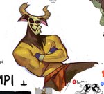 anthro bone clothed clothing crossed_arms looking_at_viewer male muscular muscular_male skull skull_head solo topless saintlycharles european_mythology greek_mythology mythology the_legend_of_pipi minotaur_(the_legend_of_pipi) bovid bovine mammal minotaur 2021 digital_media_(artwork) drawpile_(artwork)