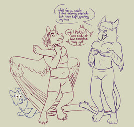 after_exercise anthro beak bottomwear clothed clothing digitigrade eyes_emoji female feral fur group hair male muscular self_grope simple_background stretching tail text trio underwear wings puppyratcat mythology avian canid canine canis dragon gryphon hybrid mammal mythological_avian mythological_creature mythological_scalie scalie english_text hi_res line_art