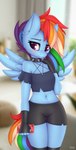 2024 absurd_res anthro blue_body blue_feathers blush collar cosplay equid equine feathered_wings feathers female friendship_is_magic hair hasbro helluva_boss hi_res loona_(helluva_boss) mammal midriff multicolored_hair my_little_pony mythological_creature mythological_equine mythology navel omiart pegasus purple_eyes rainbow_dash_(mlp) rainbow_hair smile solo spiked_collar spikes wings