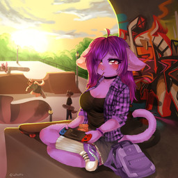 anthro backpack blush breasts choker clothing dress ear_piercing ear_ring electronics eyeshadow female food game_console graffiti group hair jewelry long_hair looking_at_viewer makeup necklace piercing ring_piercing short_dress sitting skate_park skateboard solo_focus sunset vehicle lefantis third-party_edit nintendo nintendo_switch pocky vtuber nova-aurora domestic_cat felid feline felis mammal 1:1 hi_res