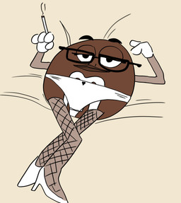 bedding bedding_background black_eyebrows brown_body brown_lips candy cigarette clothed clothing dessert eyebrows female female_humanoid fishnet_clothing fishnet_legwear food footwear high_heels holding_cigarette holding_object legwear lips looking_at_viewer lying mouth_closed narrowed_eyes on_back panties shoes solo topless underwear white_clothing white_footwear white_high_heels white_panties white_underwear hardscales m&m's mars_incorporated food_creature food_humanoid humanoid absurd_res hi_res