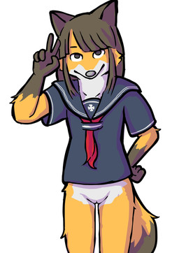 adolescent anthro bangs biped blunt_bangs bottomless clothed clothed_anthro clothed_female clothing dipstick_tail female female_anthro front_view fur genitals gesture gloves_(marking) hair hand_gesture humanoid_genitalia humanoid_vulva long_hair looking_at_viewer markings pose school_uniform simple_background solo tail tail_markings uniform v_sign vulva yellow_body yellow_fur young young_anthro young_female stic1 canid canine canis fox mammal 2025 cel_shading digital_drawing_(artwork) digital_media_(artwork) hi_res portrait shaded three-quarter_portrait