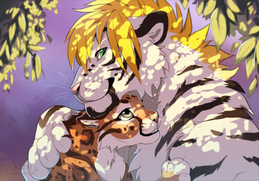 bangs black_stripes blonde_hair brown_stripes cheek_tuft duo eye_contact eyelashes facial_tuft female feral feral_with_hair fur green_eyes grey_eyes hair hug hugging_another looking_at_another markings orange_body orange_fur outside pink_nose plant short_hair size_difference smile smiling_at_another striped_body striped_fur striped_markings stripes tuft whiskers white_body white_fur azzai felid feline leopardus mammal ocelot pantherine tiger 2017 colored digital_drawing_(artwork) digital_media_(artwork) shaded