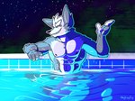 anthro fur grey_body grey_fur looking_at_viewer male muscular muscular_male nipples pool smile solo swimming_pool water fizzyjay nintendo star_fox wolf_o'donnell canid canine canis mammal wolf digital_media_(artwork) hi_res