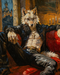 anthro belt bent_leg biped bottomwear candle clothing cross cross_necklace detailed_background fur furniture inside jacket jewelry looking_at_viewer male male_anthro mouth_closed necklace nipples on_sofa painting_(object) pants realistic_anthro realistic_fur ring_(jewelry) sitting sitting_on_sofa sofa solo tail text topwear creeps canid canine canis mammal wolf hi_res oil_painting_(artwork) painting_(artwork) traditional_media_(artwork) traditional_painting_(artwork) url
