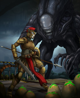 anthro armor black_body blue_eyes bodily_fluids breasts brown_body brown_fur claws clothed clothing detailed_background duo eyeless fangs female feral fight fluffy fluffy_tail fur headgear helmet holding_object holding_weapon melee_weapon multicolored_body multicolored_fur open_mouth open_smile polearm saliva shield smile spear tail teeth two_tone_body two_tone_fur weapon white_body white_fur link2004 alien_(franchise) alien felid mammal prehistoric_species saber-toothed_tiger xenomorph xenomorph_queen 2019 hi_res