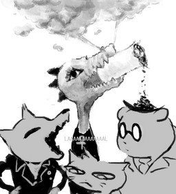 anthro cigarette cigarette_in_mouth cigarette_smoke clothed clothing eyewear female glasses group humor long_neck male object_in_mouth smoke smoking text stingercorps night_in_the_woods angus_delaney bea_santello gregg_lee mae_borowski alligator alligatorid bear canid canine crocodilian domestic_cat felid feline felis fox mammal reptile scalie monochrome
