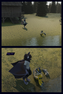 arm_warmers armwear blue_body blue_fur cabin clothing cloud dialogue female forest forest_background fur hoodie lake leg_warmers legwear male multicolored_body multicolored_fur nature nature_background plant purple_body purple_fur shirt sky sunny topwear tree flailingfornication bat kobold mammal nardoragon scalie 2:3 3d_(artwork) absurd_res comic digital_media_(artwork) hi_res brother_(lore) sibling_(lore) sister_(lore)