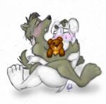 anthro blush bodily_fluids duo eyes_closed hug male male/male plushie plushophilia simple_background sitting sweat teddy_bear white_background rcc2002 adult_swim cartoon_network family_guy brian_griffin new_brian rupert_(family_guy) canid canine canis domestic_dog fox mammal 2011