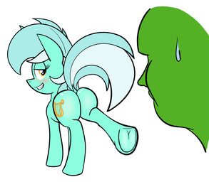 ambiguous_gender bedroom_eyes blush bodily_fluids butt cutie_mark duo female feral half-closed_eyes horn looking_back narrowed_eyes presenting presenting_hindquarters seductive simple_background smile sweat teeth white_background manual-monaro friendship_is_magic hasbro my_little_pony mythology anon lyra_heartstrings_(mlp) equid equine human mammal mythological_creature mythological_equine unicorn absurd_res hi_res