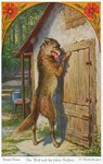 ambiguous_gender building claws door feral fur furniture house paws plant shadow solo stool tail text tongue tongue_out tree oskar_herrfurth fairy_tales public_domain the_wolf_and_the_seven_little_goats big_bad_wolf canid canine canis mammal wolf ancient_art german_text traditional_media_(artwork)