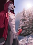 anthro circumcised clothing erection fur genitals humanoid_genitalia humanoid_penis jacket male mountain outside painting penis plant skiing smile solo stripes topwear tree white_body white_fur otterboxed canid canine canis mammal wolf 2020 3:4 hi_res