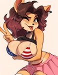 4_fingers american_flag_bikini anthro arm_under_breasts bent_over big_breasts bikini black_nose blep bottomwear breasts brown_hair choker cleavage clothed clothing ear_piercing ear_ring eyebrows eyelashes female fingers flag_bikini fur gesture green_eyes hair hand_gesture holidays jewelry legwear looking_at_viewer markings mole_(marking) necklace one_eye_closed piercing pink_bottomwear pink_clothing pink_skirt ring_piercing short_hair skirt solo swimwear tan_body tan_fur tongue tongue_out two-piece_swimsuit v_sign wink magaska19 4th_of_july activision crash_bandicoot_(series) alyssa_bandicoot_(oc) fan_character bandicoot mammal marsupial 2023 absurd_res hi_res