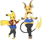 anthro big_breasts bottomwear breasts brown_eyes clothing duo feet female generation_1_pokemon hi_res jacket leggings legwear nintendo orange_body paws pikachu pokeball pokemon pokemon_(species) raichu red_cheeks shirt simple_background skirt stockings tail toes topwear urusee584 white_background yellow_body yellow_cheeks