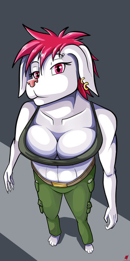 alternative_fashion anthro big_breasts breasts cleavage clothed clothing ear_piercing ear_ring female hair high-angle_view looking_at_viewer piercing pink_hair pink_nose pose punk punk_hair ring_piercing solo standing tight_clothing tight_topwear topwear harkrun canid canine canis dalmatian domestic_dog mammal 1:2 absurd_res hi_res pinup