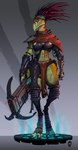 anthro bottomwear clothing cybernetic_arm cybernetic_limb digitigrade eyewear eyewear_on_head female goggles goggles_on_head gun loincloth markings ranged_weapon solo studded_clothing studs tribal tribal_markings weapon wolfdawg warhammer_(franchise) warhammer_40000 humanoid kroot absurd_res hi_res
