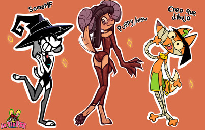 barefoot black_clothing black_dress blush butt clothing dress eyelashes eyes_closed feet fur grey_hair group hair hat headgear headwear holidays horn leotard looking_at_viewer looking_back mummy_costume mummy_wrappings orange_background orange_body orange_fur outline paws raised_leg red_clothing red_leotard short_hair simple_background slim smile tail tail_motion tailwag toony trio white_body white_fur white_outline witch_hat la_tiapat halloween fifi_(somemf) pau_(creoquedibujo) puppy_(puppynsfw) absurd_res hi_res