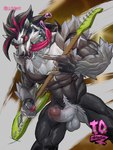 abs abstract_background alternative_fashion anthro balls biceps big_balls big_penis black_body black_fur bodily_fluids body_hair claws clothing concert devil_horns_(gesture) dipstick_ears ear_markings ear_piercing electric_guitar erection fingerless_gloves fur genitals gesture glans gloves guitar hand_gesture handwear happy_trail humanoid_genitalia humanoid_penis long_tongue looking_at_viewer male metal metalhead mohawk multicolored_body multicolored_ears multicolored_fur muscular muscular_male musical_instrument nude open_mouth pecs penis performance piercing playing_guitar playing_music plectrum plucked_string_instrument pose presenting presenting_penis pubes rock_out_with_your_cock_out saliva solo standing string_instrument tongue tongue_out two_tone_body two_tone_fur vein veiny_arms veiny_muscles white_balls white_body white_fur td3lic nintendo pokemon badger generation_8_pokemon mammal mustelid musteline obstagoon pokemon_(species) 2025 hi_res signature
