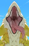 ambiguous_gender anthro black_lips bodily_fluids breath close-up detailed_mouth dripping drooling fur gaping_mouth lips long_tongue mouth_shot open_mouth outside presenting_mouth saliva saliva_drip sharp_teeth sky solo tapering_tongue teeth tongue tongue_out yellow_body yellow_fur famir sergal 2025 digital_media_(artwork) hi_res nonbinary_(lore)