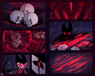 6_eyes 7_panel_comic ambiguous_gender flower group logo multi_eye open_mouth plant red_eyes tail tongue netmors hollow_knight_(franchise) team_cherry grimmchild_(hollow_knight) arachnid arthropod spider weaver_(hollow_knight) absurd_res artist_logo comic hi_res