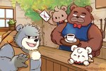 anthro apron beverage biped black_nose bow_tie brown_body brown_fur clothing coffee cute_fangs detailed_background dot_eyes eyes_closed fur grey_body grey_fur group inside kemono male plant scar tree young sayolino kumalino sanrio brew_(kumalino) drip_(kumalino) roast_(kumalino) syrup_(kumalino) bear mammal 2024