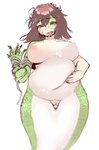 alternate_species apode big_breasts bodily_fluids breasts brown_hair female genitals green_body green_scales hair legless navel nipples nude open_mouth overweight overweight_female pussy scales serpentine simple_background solo split_form tears tongue tongue_out transformation white_background toribako touhou kasen_ibaraki draconcopode lamia reptile scalie snake 2014