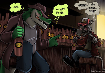 5_fingers anthro bar_stool black_boots black_clothing black_footwear black_nose blue_bottomwear blue_clothing blue_pants boots bottle bottomwear brown_clothing brown_hat brown_headwear brown_topwear bubble buckteeth clothed clothing container drunk drunk_bubble duo fedora fingers footwear fully_clothed fur furniture gesture green_body green_clothing green_shirt green_topwear grey_body grey_fur hand_gesture hat headgear headwear male monotone_body monotone_fur multicolored_body pants pointing pointing_at_another red_clothing red_topwear shirt shoes speech_bubble stool substance_intoxication teeth text topwear trucker_hat two_tone_body white_body white_clothing white_shirt white_topwear yellow_eyes yellow_sclera yuski cregon jacob_"moonshine"_charlie alligator alligatorid crocodile crocodilian mammal murid murine rat reptile rodent scalie 2022 english_text