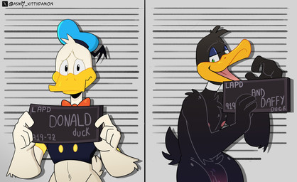5_fingers anthro beak black_body black_eyes black_feathers bottomless bottomless_anthro bottomless_male clothed clothing duo feathers fingers flaccid genitals green_eyes hat headgear headwear male mugshot nipples nude nude_anthro nude_male open_mouth open_smile penis scut_tail short_tail smile tail text white_body white_feathers x_logo forbobs2 mr_smilingdevil barbie_and_ken_mugshot_meme disney looney_tunes warner_brothers x_(social_media) daffy_duck donald_duck anatid anseriform avian bird duck 2024 absurd_res artist_name crossover digital_drawing_(artwork) digital_media_(artwork) hi_res meme url watermark