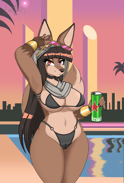 alcohol anthro beer beverage beverage_can bikini bikini_bottom bikini_top black_bikini black_bikini_bottom black_bikini_top black_clothing black_swimwear brown_body brown_fur brown_hair clothing eyewear female fur hair hood kefaya_(zelripheth) moon navel outside palm_tree plant red_eyes solo standing straight_hair sunglasses swimming_pool swimwear tree trend twilight two-piece_swimsuit zelripheth grand_theft_auto gta_vi_cover_girl heineken heineken_n.v. rockstar_games canid canine canis jackal mammal absurd_res hi_res
