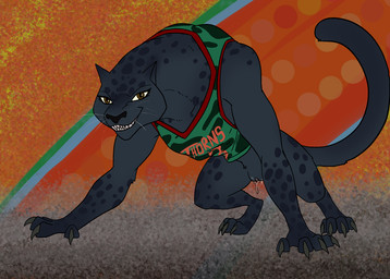 all_fours anthro basketball_uniform bedroom_eyes bodily_fluids bottomless bottomless_anthro bottomless_female clitoral_hood clothed clothing feet female fur genital_fluids genitals half-closed_eyes leaking markings melanistic muscular muscular_anthro muscular_female narrowed_eyes pussy_juice_leaking seductive smile solo sportswear spots spotted_body spotted_fur tail teeth text text_on_clothing text_on_topwear topwear topwear_only uniform vaginal_fluid_string vaginal_fluids vaginal_fluids_on_vulva vulva noxuslight_arts goat_(movie) sony_corporation sony_pictures jett_fillmore felid leopard mammal pantherine digital_media_(artwork) hi_res