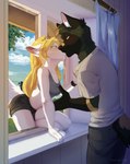 anthro bedroom black_body blonde_hair blue_eyes blush bottomwear bra breasts clothed clothing duo female fully_clothed fur green_body green_fur hair hotpants inner_ear_fluff inside kissing male male/female navel romantic romantic_couple shirt_grab shorts sports_bra tuft underwear white_body white_fur window_sill yellow_eyes hakkids2 buster_davison ember_(heroofmobius) canid canine canis domestic_dog german_shepherd herding_dog mammal pastoral_dog absurd_res digital_media_(artwork) hi_res shaded