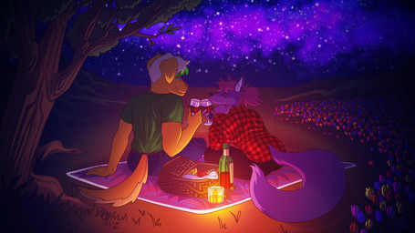 alcohol alcohol_bottle anthro bedding beverage beverage_bottle blanket bottle candlelight container cosmic_background duo female flower green_hair hair highlights_(coloring) light male male/female picnic pink_hair plant star wine hotdogvendor bird_dog canid canine canis domestic_dog golden_retriever hunting_dog mammal retriever wolf absurd_res hi_res