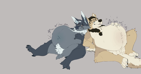 3_toes 4_fingers after_vore anthro bangs black_hair bloated blue_pupils bodily_fluids claws crotch_fur digestion digestion_noises drooling duo ear_piercing ear_tuft facial_tuft feet finger_claws fingers fur gold_(metal) gold_piercing grey_background grey_body grey_fur hair head_tuft leg_tuft looking_pleasured male male/male motion_lines multicolored_body multicolored_fur onomatopoeia oral_vore overweight overweight_anthro overweight_male piercing post_vore_weight_gain pupils red_pupils saliva simple_background sound_effects tail tan_body tan_fur text toe_claws toes tuft two_tone_body two_tone_fur vore technocaster bat canid canine canis mammal wolf absurd_res hi_res