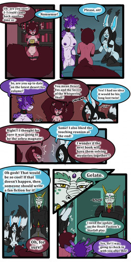 all_fours anthro bed blush blush_lines book bookshelf bottomwear breasts clothing collar cuff_(restraint) dialogue diamonds_(suit) female furniture genitals group holding_book holding_object jacket lying male on_bed on_front pants posture_collar restraints sitting sitting_on_bed suit_symbol text topwear trio vulva tatsuchan18 mythology mink_(tatsuchan18) bassariscus dragon giraffe giraffid mammal mythological_creature mythological_scalie procyonid ring-tailed_cat rodent scalie sciurid tree_squirrel absurd_res comic english_text hi_res multiple_scenes