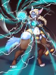 5_fingers action_pose anthro braided_hair breasts clothed clothing electricity eyewear female fingers glasses hair magic midriff navel pose solo wide_stance ticl 2022 3:4 digital_media_(artwork) digital_painting_(artwork) hi_res painting_(artwork) shaded soft_shading