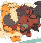 0119_muu 2024 anthro anthrofied arcanine armpit_hair balls_outline bed belly big_belly black_nose blush body_hair bulge clothing detailed_bulge duo erection erection_under_clothing furniture generation_1_pokemon genital_outline hi_res kemono lying male male/male moobs nintendo orange_body overweight overweight_male penis_outline pillow pokemon pokemon_(species) tongue tongue_out underwear