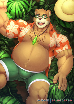anthro belly bottomwear brown_body bulge clothed clothing eyewear food fruit glasses hat headgear headwear humanoid_hands lying male melon musclegut muscular open_clothing open_shirt open_topwear overweight overweight_male plant shirt shorts solo straw_hat topwear watermelon primodrago lifewonders tokyo_afterschool_summoners volos_(tas) bear mammal 2022 hi_res