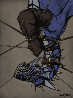 ambiguous_gender armbinder bdsm binder_(restraint) blue_body bondage bondage_gear bound chain collar ear_frill feral frill_(anatomy) leather leather_collar membrane_(anatomy) membranous_frill muzzle_(object) muzzled restrained_arms restraints sharp_teeth simple_background solo spikes spikes_(anatomy) teeth upside_down drangir european_mythology mythology ws5000 dragon mythological_creature mythological_scalie scalie western_dragon 2022 dated half-length_portrait hi_res portrait signature male_(lore)