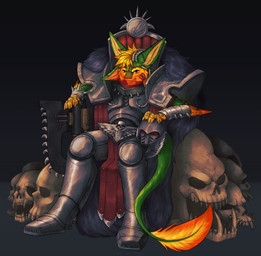 4_ears anthro armor axe bone chainaxe chair feathers furniture green_body green_feathers headgear helmet male multi_ear orange_body orange_feathers purple_body purple_feathers simple_background sitting skull solo throne winged_arms wings yellow_body yellow_feathers unknown_artist warhammer_(franchise) warhammer_40000 tiskanomicon avali avian 2022 digital_media_(artwork) hi_res