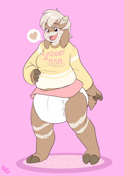 4_fingers after_transformation anthro blush blush_lines brown_body brown_fur brown_hooves brown_tail clean_diaper clothed clothing cloven_hooves diaper female fingers floppy_ears fur gender_transformation hair hand_on_hip head_horn heart_symbol hooves horn logo multicolored_body multicolored_fur open_mouth open_smile pink_background shirt simple_background smile solo speech_bubble standing striped_body striped_fur striped_legs stripes tail tan_body tan_fur tan_hair tan_stripes teeth text text_on_clothing text_on_shirt text_on_topwear three-quarter_view topwear transformation two_tone_body two_tone_fur wearing_diaper white_diaper yellow_clothing yellow_shirt yellow_topwear bubblepuppers goat_(daxter131) bovid caprine goat mammal artist_logo english_text full-length_portrait hi_res portrait