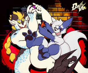 anthro black_pawpads blonde_hair blue_body blue_fur blue_spots braided_hair controller curved_horn duo eyewear eyewear_only facial_horn fur game_controller gaming glasses glasses_only green_eyes hair half-closed_eyes horn long_hair male markings multicolored_body multicolored_fur narrowed_eyes nose_horn nude open_mouth open_smile pawpads paws red_eyes scales size_difference smile spots spotted_body spotted_markings spotted_scales two_tone_body two_tone_fur wearing_glasses white_body white_fur white_hair dustythebat mythology nintendo pokemon nogard_krad_nox toshi_xyrho dragon generation_3_pokemon mythological_creature mythological_scalie pokemon_(species) scalie shiny_pokemon wingless_dragon zangoose hi_res