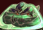 ambiguous_gender anthro blue_body brown_background frill_(anatomy) green_body head_crest head_frill lying on_back partially_submerged simple_background solo tail tail_frill 0ct0m0n0 artist_name