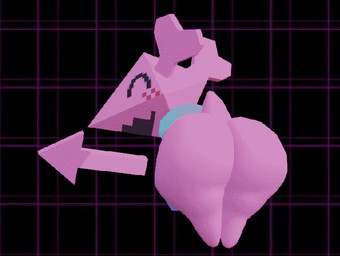ambiguous_anthro ambiguous_gender anthro big_butt blue_clothing blush blush_lines butt clothing directional_arrow eyes_closed floating open_mouth open_smile pink_body short_tail simple_background smile solo tail pookypalace deltarune undertale_(series) darkner virovirokun 3d_(artwork) blender_(artwork) digital_media_(artwork) dithering