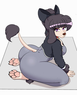 ankle_tuft anthro arm_tuft big_breasts big_butt black_hair breasts butt claws cleavage clothed clothed_anthro clothing collar colored_nails eyebrow_piercing eyebrow_through_hair eyebrows facial_piercing female floppy_ears full_body_suit fully_clothed fully_clothed_anthro hair leg_tuft leggings legwear looking_at_viewer nails pawpads piercing ponytail purple_eyes raised_tail side_boob side_view smile smiling_at_viewer solo tail tail_tuft translucent translucent_hair tuft underwear_outline wide_hips wrist_tuft yoga_mat zelripheth alys_faiblesse_(zelripheth) canid canine canis domestic_dog mammal poodle standard_poodle absurd_res hi_res